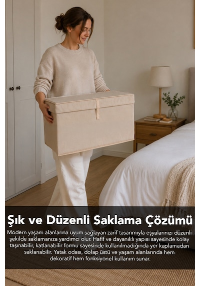 4'lü Set Maxi Boy Hurç - Çok Amaçlı Organizer Kapaklı Saklama Kutusu 50x40x30cm Bej