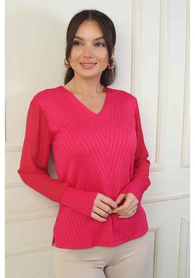 By Saygı Kadın Kolları Şifon V Yaka Kazak-39605 Fuşya