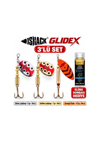 Fishack Glidex 3'lü Döner Kaşık Seti + Klima Bombası - Silver Ladybug 5 Gr No:2 + Golden Ladybug 7 Gr No:3 + Orange Flash 12 Gr No:4