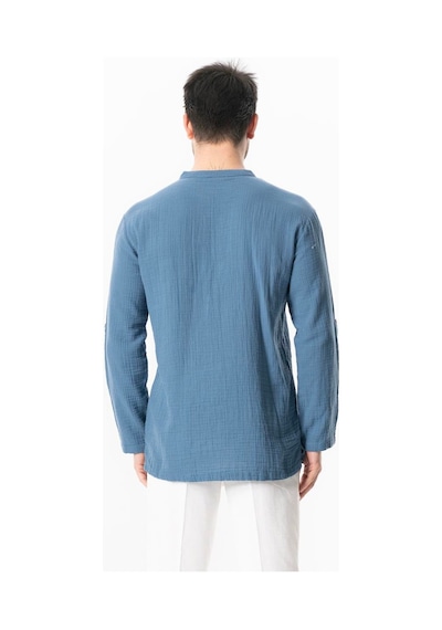 Uzun Kol Doruk V Yaka Bağcıklı Müslin Erkek Yazlık Tshirt İndigo İndg Indigo