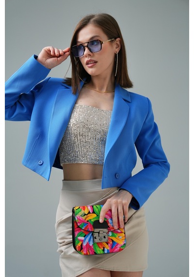 İndigo Kruvaze Crop Blazer Ceket İndigo
