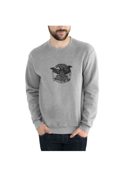 Viking Mitolojisi Odin Raven Baskılı Gri Erkek Örme Sweatshirt