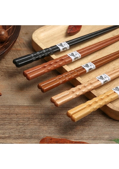 Valkyrie 5 Çift Doğal Ahşap Japon Yemek Çubuğu Seti 22,4 Cm Kaymaz El Oyması Kutulu Chopstick Seti