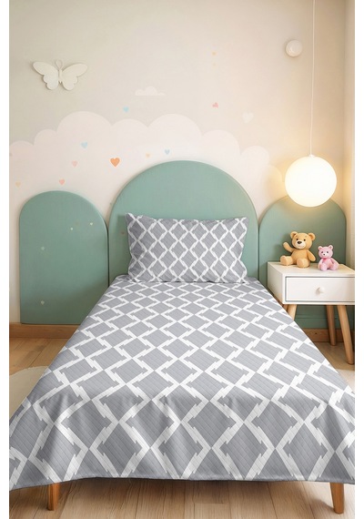 Gri Geometrik Modern Genç Odası Tek Kişilik Pike Takımı - Minimal 160x220 Cm Kapitone Yatak Örtüsü Mumlu Halı Eşiği