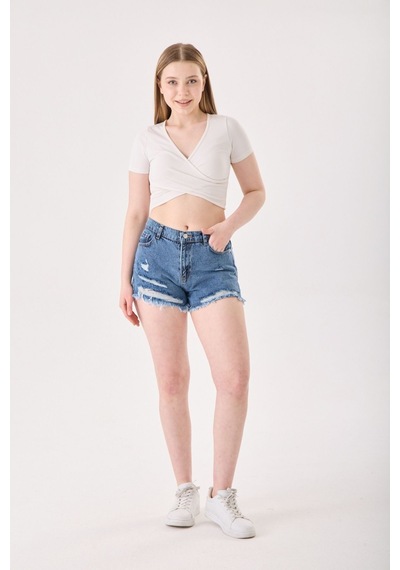 Eseclass Modern Kesim Yüksek Bel Püskül Paça Denim Şort Koyu Mavi Koyu Mavi