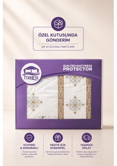 Veluna Desenli Sıvı Geçirmez Kapitone Fitted Alez Ve Yastık Kılıfı Seti Özel Kutulu Gönderim Bej