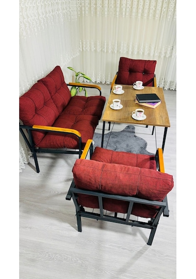 Madame Home Kadife Balkon, Bahçe,teras,cafe - Salon - Metal Kanepe Koltuk Takımı - 2+1+1 + Masa Bordo