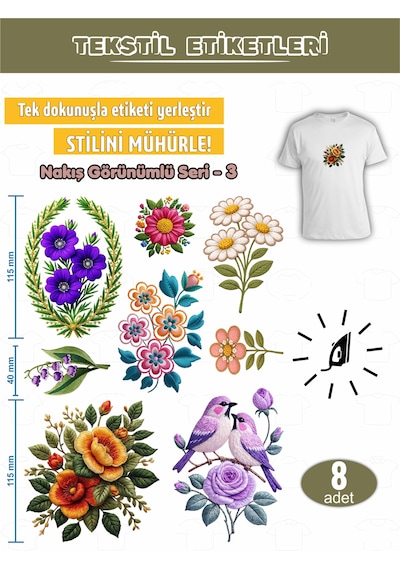 Ütü İle Yapışan Kıyafet Etiketi Nakış Görünümlü Seri-3 8lı Set Karışık