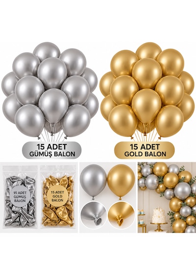 30'lu Krom Balon Seti 15 Gold, 15 Gümüş Çok  Renkli