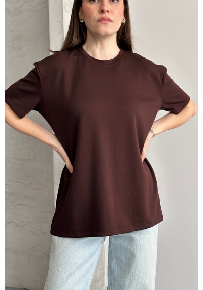 Balenbi Kadın Modal Bisiklet Yaka Basic Yarım Kollu T-shirt 1211 Kahverengi