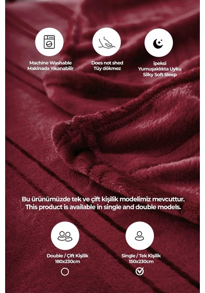 Evlen Home Collection Mayer Supersoft Yumuşak Tek Kişilik Battaniye 150x230 Cm Bordo Bordo