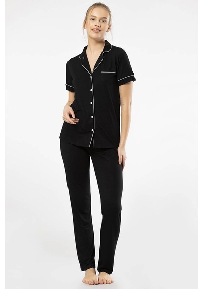 Düz Kısa Kollu Gömlek Yaka Pijama Takım 001