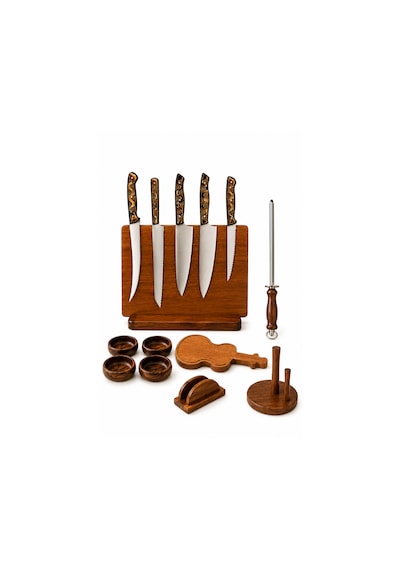 CH woodline 4 Parça Profesyonel Mutfak Bıçak Set i 4116 Alman Çelik, Verzalit Sap, Mıknatıslı Epoksi Standlı, Nusret Şef, Santoku, Guyuto, Ekmek Bıçağı + Ceviz Kase, Kesme Tahtası Ve Peçete çok renkli