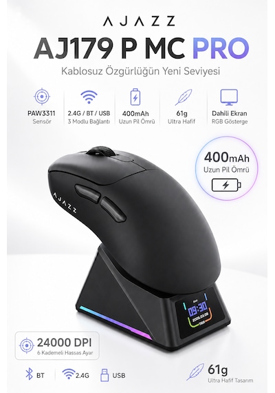 Aj179 P Mc Pro Tft Ekranlı Şarj İstasyonlu 24.000 Dpı Paw 3311 Oyuncu Mouse Aj179 P Mc Pro - Siyah