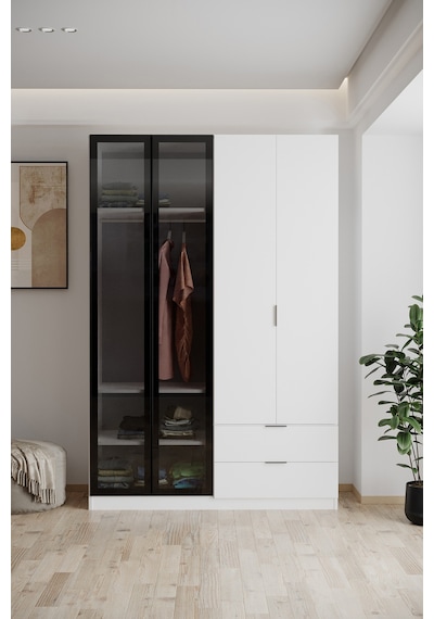 Evdemo Safir Cam Kapaklı 4 Kapılı 2 Çekmeceli Gardırop 210 Cm Beyaz