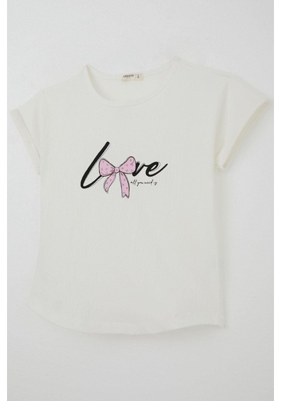 Breeze Kız Çocuk Tişört Sevgi Temalı Yazı Baskılı Simli 9-14 Yaş, Ekru Ekru