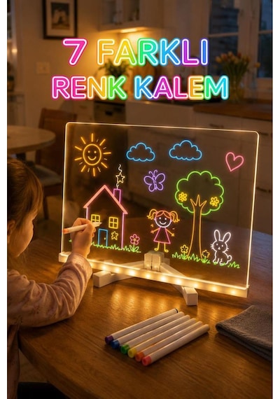 Led Işıklı Çizim Boyama Tahtası 7 Adet Kalem Hediyeli Neon Işıklı Eğitici Not Tahtası Lwb01 Şeffaf