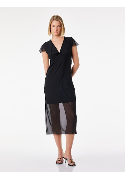 Koton Slim Fit Fiyonk Detaylı Midi Boy V Yaka Karpuz Kol Tül Elbise Siyah 6sak80186ek Siyah