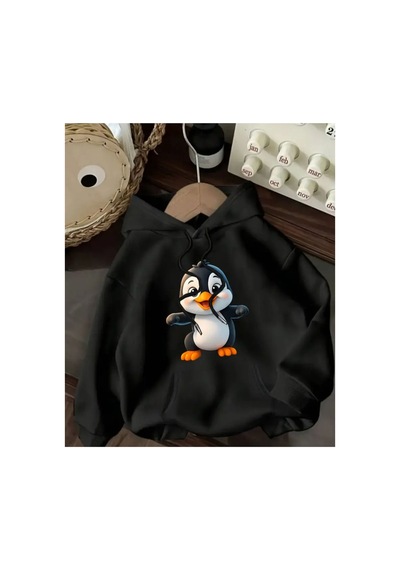 Herkesemoda Sevimli Penguen Baskı Detaylı Kapüşonlu Sweatshırt Siyah Siyah