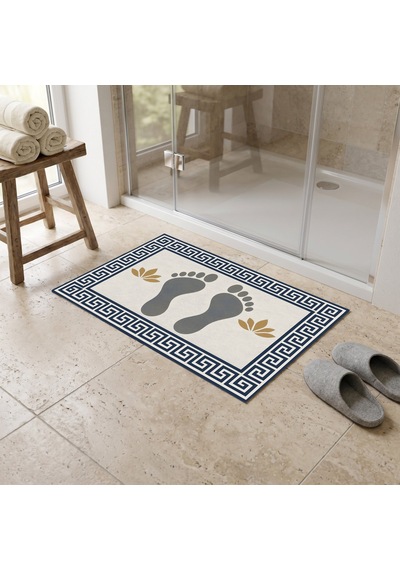 Kartela Halı Ayak İzi Desenli Banyo Paspası Lacivert Kaymaz Taban Makinede Yıkanabilir 60x90 Cm
