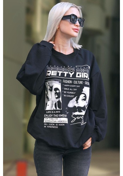 Madmext Siyah Baskılı Oversize Kadın Sweatshirt Mg1923 Siyah