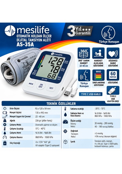 Mesilife As-35a Otomatik Koldan Ölçer Dijital Tansiyon Aleti 22-40 Cm 60 Hafıza Türkçe Konuşan