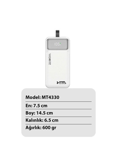 30000 Mah 22.5w Turbo Şarj Dahili Kablolu Dijital Led Göstergeli Pd Ve Qc 3.0 Powerbank Mt4330 Beyaz