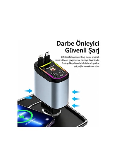66w Pro Cw1 Led Tavan Aydınlatmalı 4'ü 1 Arada Geri Çekilebilir Çift Kablolu 3.4a Süper Hızlı Araç Şarj Cihaz