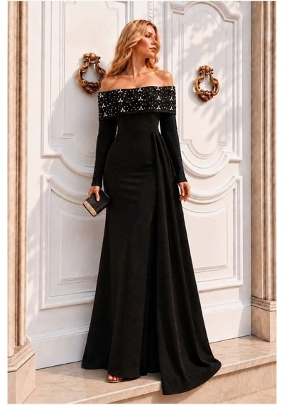 DefyModa Kadın Trend Degaje Yaka Dekolteli Maxi Uzun Kollu Abiye Elbise Siyah