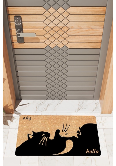 Rugmood Modern Dijtal Baskı Kedili Hello Ve Bye Kapı Önü Paspası Çok Renkli