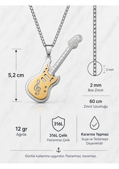Paslanmaz Çelik Gitar Kolye Gold Gümüş Renk Sol Anahtarı Tasarım Gitar Kolye Altın - Gümüş
