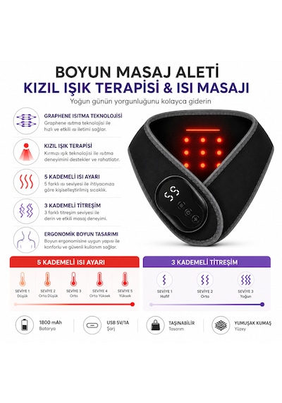 Graphene Isı Teknolojili Boyun Isıtıcı Masaj Aleti 5 Kademeli Isı Ayarı 3 Kademeli Titreşim Usb Şarjlı Kablosuz Boyun Destekleyici Siyah
