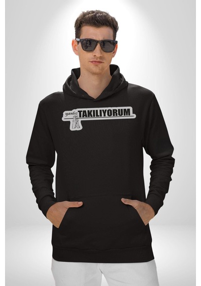 Yalnız Takılıyorum Yazılı Kadın Erkek Siyah Kapüşonlu Sweatshirt Hoodie Siyah