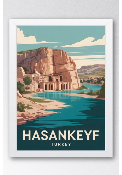 Hasankeyf Tablo - Retro Travel Poster - Batman Şehir Serisi Duvar Dekoru - Çerçeveli İllüstrasyon Beyaz