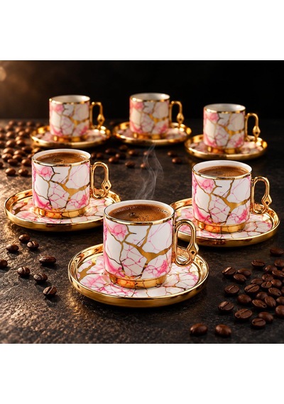Valkyrie 12 Parça 6 Kişilik 80 Ml Türk Kahvesi Fincan Seti Pembe Mermer Desenli Gold Detay K653 Pembe