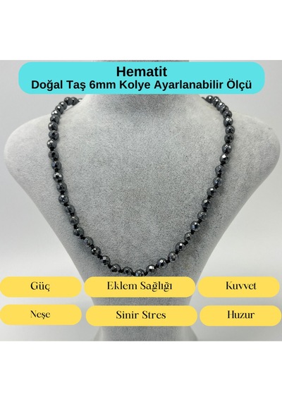 Yıldız Doğal Taş Hematit Doğal Taş 6 MM Makrome Kolye 45 CM - 55 CM Ayarlanabilir Gri