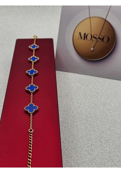 Mavi Çelik Bileklik Gold Renk Yoncalı Model Altın