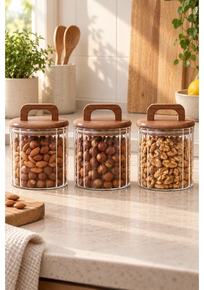 Atbyhome 3'lü Akasya Kulplu Çizgili Cam Erzak Kavanozu 650 Ml - Vakumlu Baharat Ve Kuruyemiş Saklama Kabı Seti Ahşap - Şeffaf