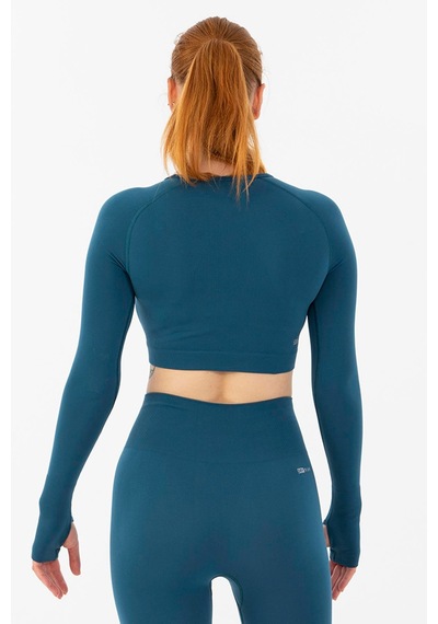 Maraton Active Slimfit Kadın Bisiklet Yaka Uzun Kol Training Mavi Crop Top 816005 Mavi