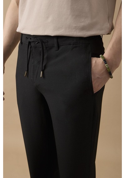 Braccas Erkek Slim Fit Beli Bağlamalı Dokulu Siyah Pantolon Siyah