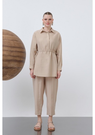Loreen 20610 Kadın Beli Büzgülü Gizli Patlı Pantolonlu Takım Beige