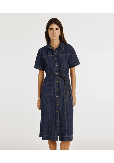 Yargıcı Kemerli Kısa Kollu Midi Boy Denim Elbise 25ykel7006x 515 Mavi