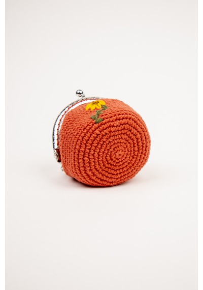 Fabric Craft Bag Bozuk Para Cüzdanı Klipsli Örgü, Çiçek Nakışlı Merserize İplik Kiremit