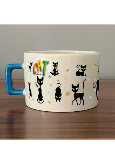 Cat Love Baskılı Mavi Kulplu C Fincan