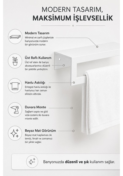 Beyaz Raflı Havlu Askısı Metal Banyo Raflı Havluluk 27 Cm Otel Tipi Duvar Havlu Rafı Diğer