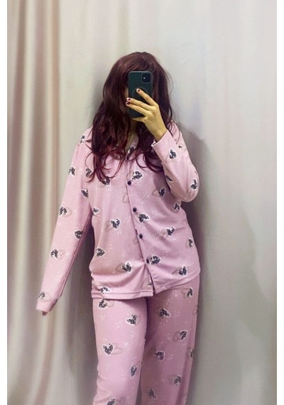 Rukod Pembe Kelebek Gömlek Yaka Kadın Pijama Takımı Nefes Alan Süet Kumaş, Ev Giyim Konforu Pembe