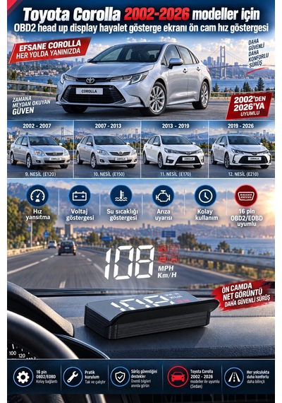 Toyota Corolla 2002-2026 Modeller İçin Obd2 Head Up Display Hayalet Gösterge Ekranı Ön Cam Hız Göstergesi