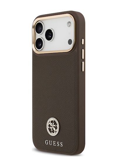 Apple Uyumlu iPhone 17 Pro Max Kılıf Guess Lisanslı M-safeli Grained Yazı Ve Taşlı 4g Logolu Kahverengi Kahverengi