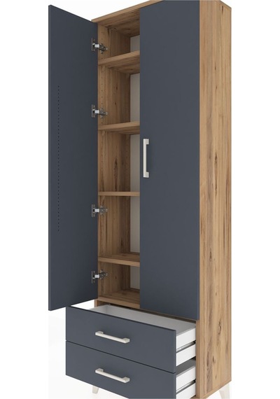 Arges Dolap 5 Raflı 2 Çekmeceli 2 Kapaklı 60x30x182 Çam-antrasit Çam