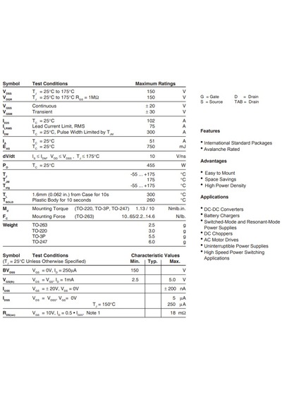 Ixth102n15t Trench Gate Power Mosfet